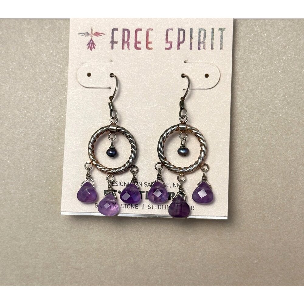 Peyote Bird Boho Gypsy Hoop Earrings Amethyst & Pearl Drops Sterling Silver NWT